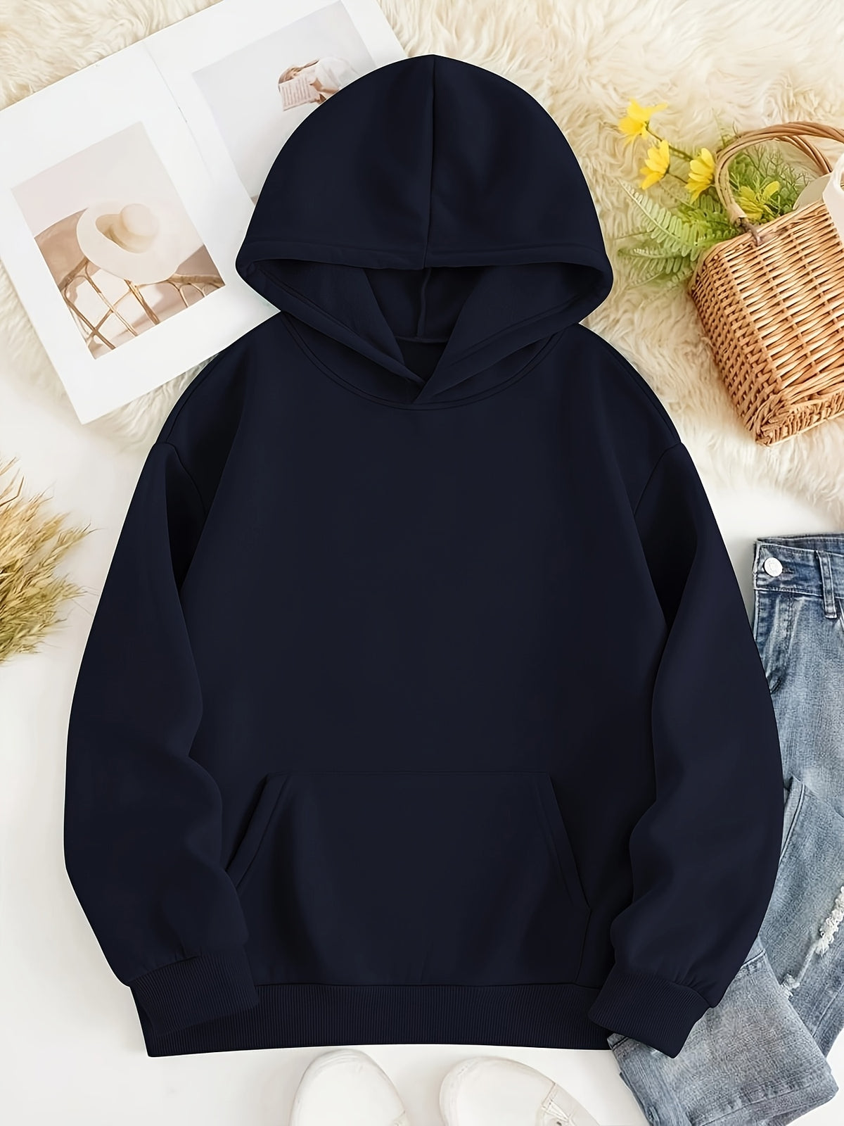 European and American Vintage Minimalist Artistic Style Top, Whale Shark Print Pattern Hooded 1pc Women's Sweatshirt, Loose Autumn/Winter Pullover Top, Relaxed Oversized Fit, Street Hip-Hop Style, with Kangaroo Pocket, No Drawstring - navy blue 1