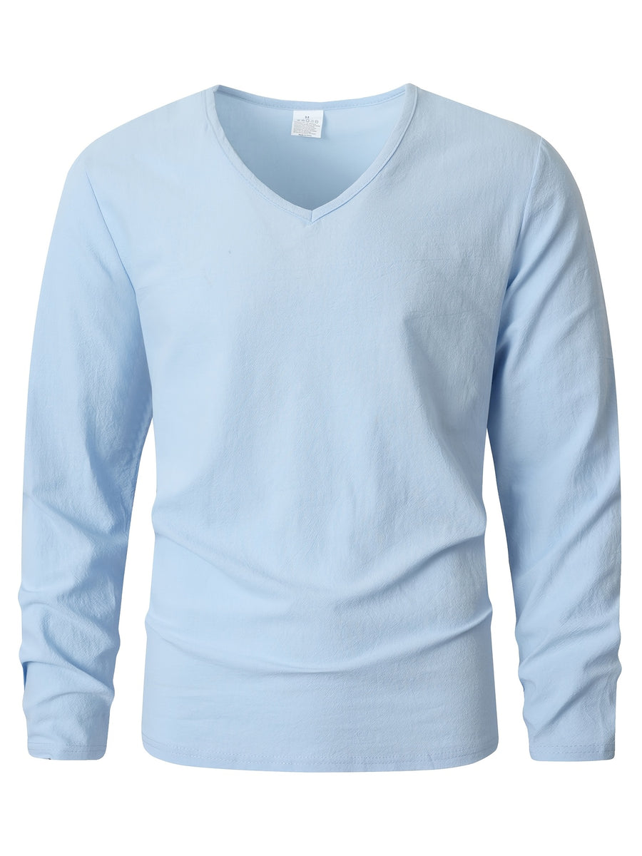 Seaside Vacation Summer Men's V-Neck Long Sleeve Linen Solid Color Casual Long Sleeve T-Shirt - Light Blue