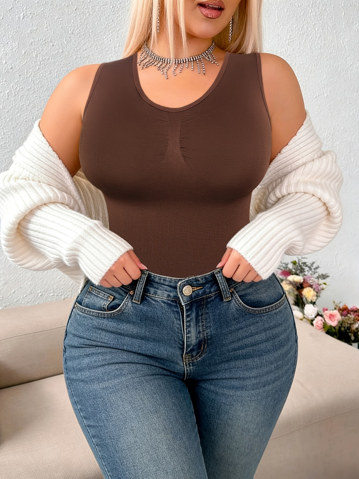 Plus-size Women's Shaping and Waist-cinching Daily Wear and Loungewear Vest, Can Be Worn as an Inner Layer or Outer Layer - Coffee Color