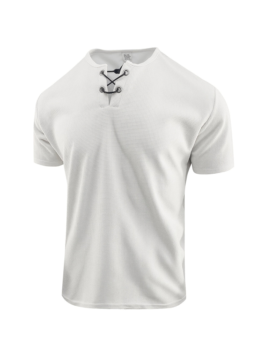 Men's Summer Fashion T-Shirt, Crew Neck Drawstring Waffle Knit Design, Stylish Breathable Minimalist Henley Shirt, Light Luxury Casual Men's Short Sleeve Top, Suitable for Outdoor Leisure, Parties, and Commuting - White