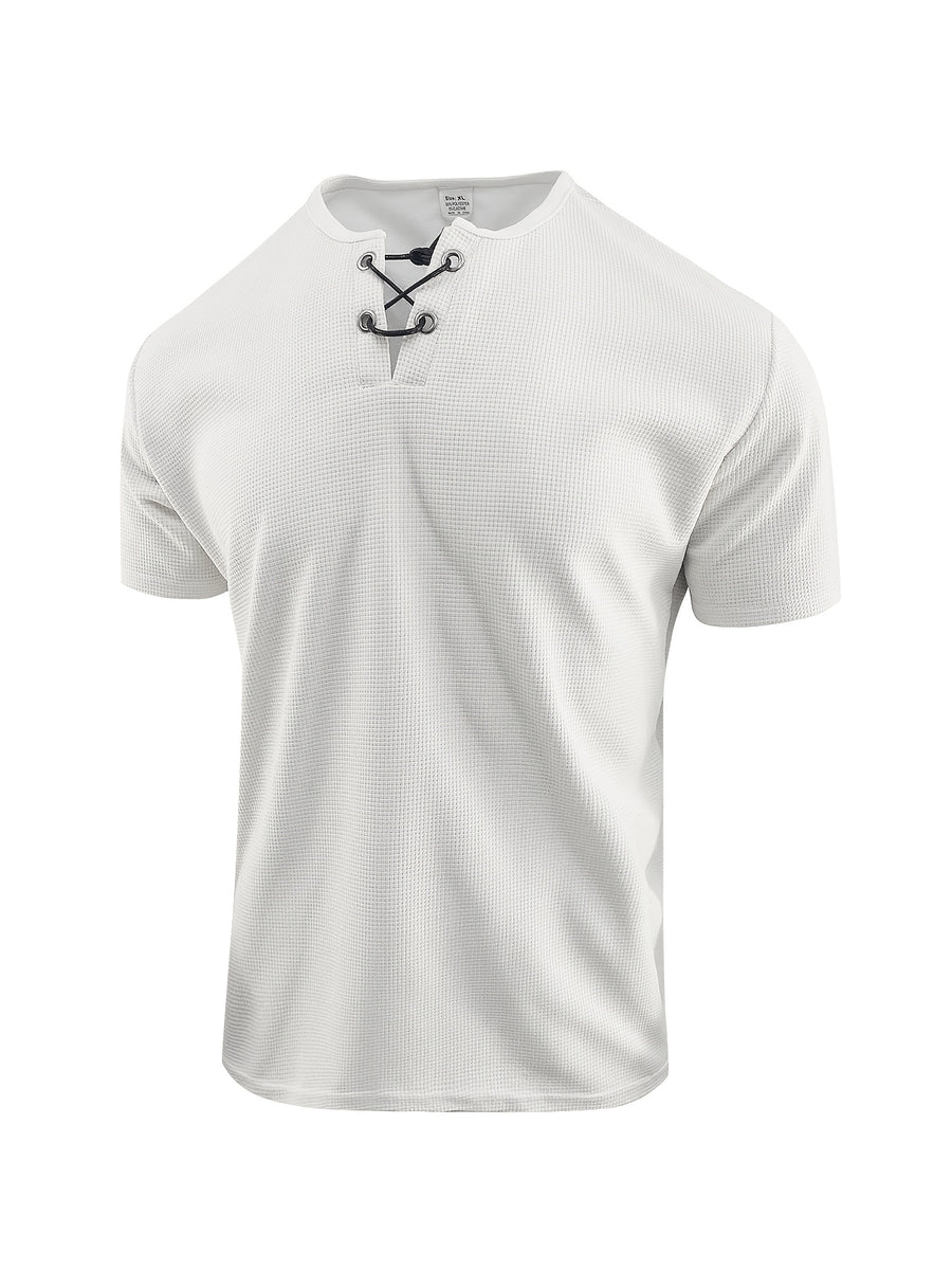 Men's Summer Fashion T-Shirt, Crew Neck Drawstring Waffle Knit Design, Stylish Breathable Minimalist Henley Shirt, Light Luxury Casual Men's Short Sleeve Top, Suitable for Outdoor Leisure, Parties, and Commuting - White