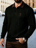 Men'S Fashion Long-Sleeve Polo Shirt, 3D Relief Golf Character Print, Foam Weight Craft, Contrast Color Reversible Design T-Shirt, Essential for Golf And Polo Wear, Breathable Warm And Skin-Friendly Comfort, Indoor Gatherings And Outdoor Sports - Black