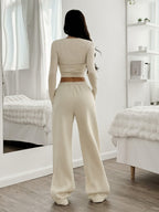Spring/Autumn 2pcs Women's Casual Solid Color Pleated Round Neck Short T-Shirt and Wide-Leg Drawstring Waist Pants Set - Apricot