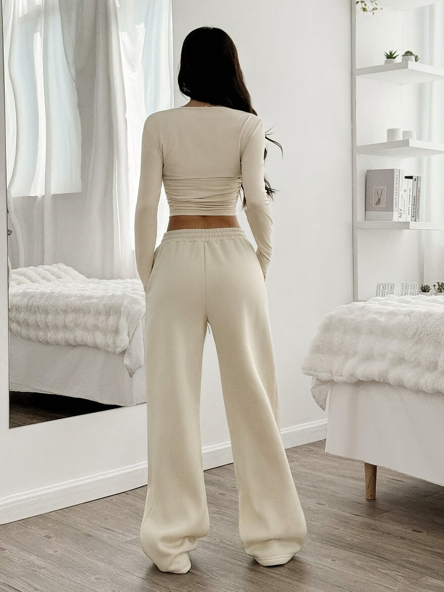 Spring/Autumn 2pcs Women's Casual Solid Color Pleated Round Neck Short T-Shirt and Wide-Leg Drawstring Waist Pants Set - Apricot