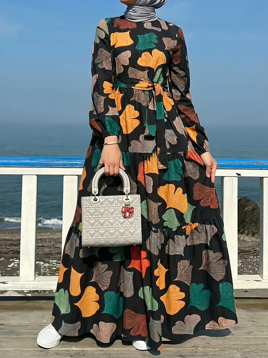 Comfortable Middle Eastern Print Long Dress Robe | Floral Pattern, Long Length, With Belt, Suitable For All Seasons - Orange-Red