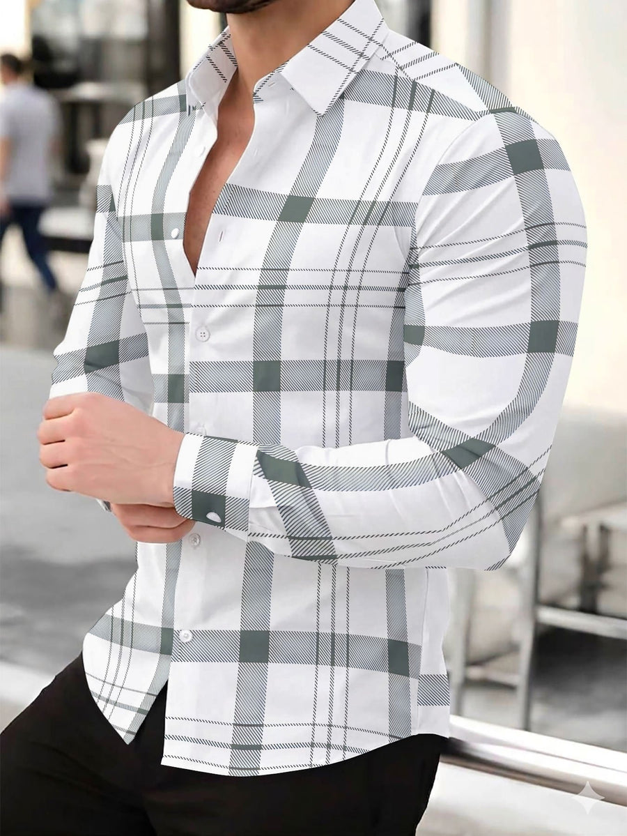 Men's Casual Fashion Long-Sleeve Top with Intersecting Line Check Print, Slim-Fit Streetwear Lapel Shirt for Daily Commuting and Outings, Surprise Birthday and Holiday Gift for Teen Boys - Mixed colors