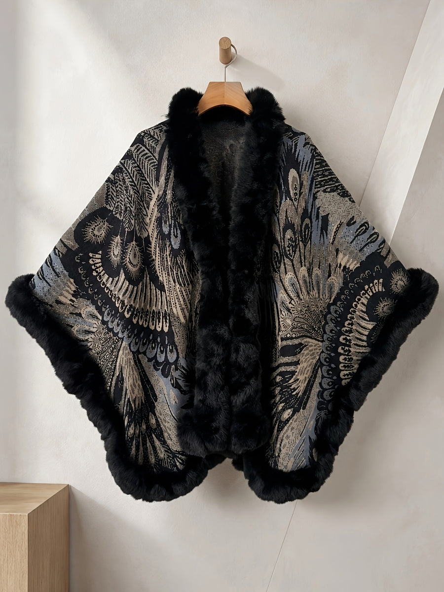 Women's Faux Trim Cape Shawl, Pea Rooster Pattern Acrylic Poncho Wrap, Open Front Sleeveless Fall Winter Outerwear - Black