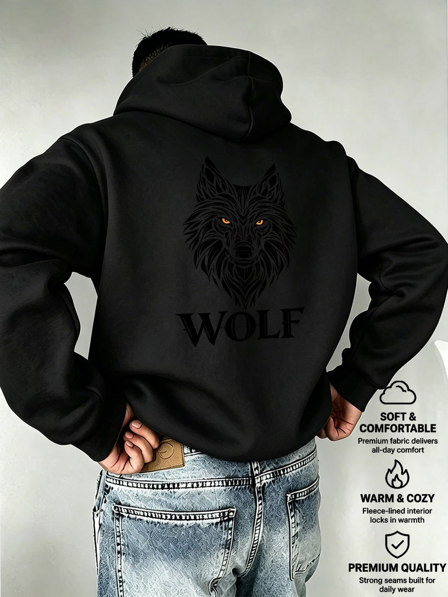 Men's Hooded Sweatshirt WOLF - Realistic Wolf Head Print, European and American Dark Style Men's Casual Sweatshirt - Black