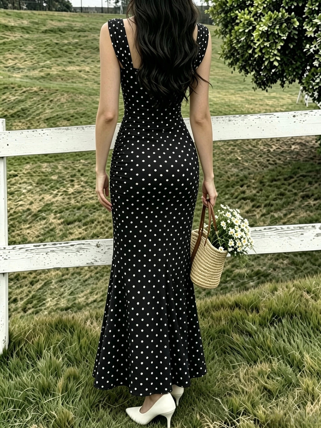 Elegant Women's Polka-dot Printed Maxi Dress with a Square Neckline, Body-hugging Mermaid Hem, and Thigh-high Slit Design - Black