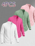 Zhiyu OBM Men's New Stand Collar Solid Color -Look Long Sleeve Shirt 4pcs Set, Simple Stand Collar Design, High-Quality Men's Long Sleeve Button- Shirt for Spring, Autumn, and Winter - Suitable for Outdoor Leisure, Vacation, Travel, and Formal Wear - White + Rose Red + Green + Pink