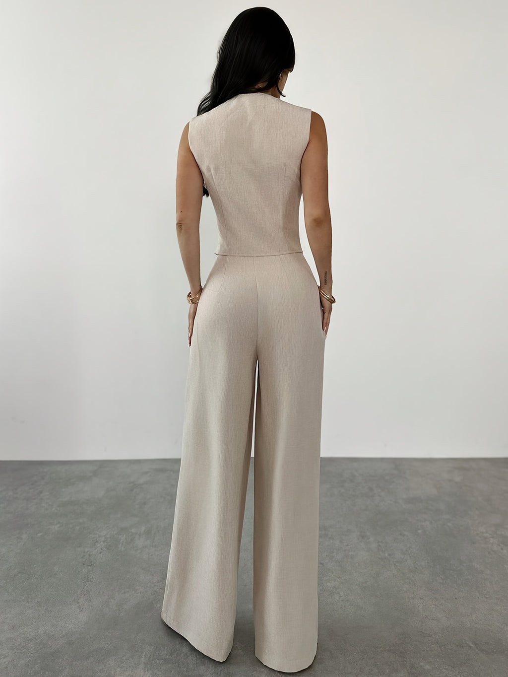 Women'S 2pcs Elegant Minimalist V-Neck Contrast Button Short Tank Top And High-Waist Wide-Leg Pants Set, Suitable for Daily Commute And Casual Wear, Graduation Gift, Teacher Outfit, Spring Summer Back-To - Apricot
