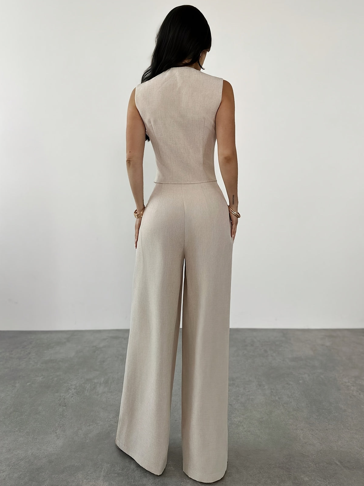 Women'S 2pcs Elegant Minimalist V-Neck Contrast Button Short Tank Top And High-Waist Wide-Leg Pants Set, Suitable for Daily Commute And Casual Wear, Graduation Gift, Teacher Outfit, Spring Summer Back-To - Apricot