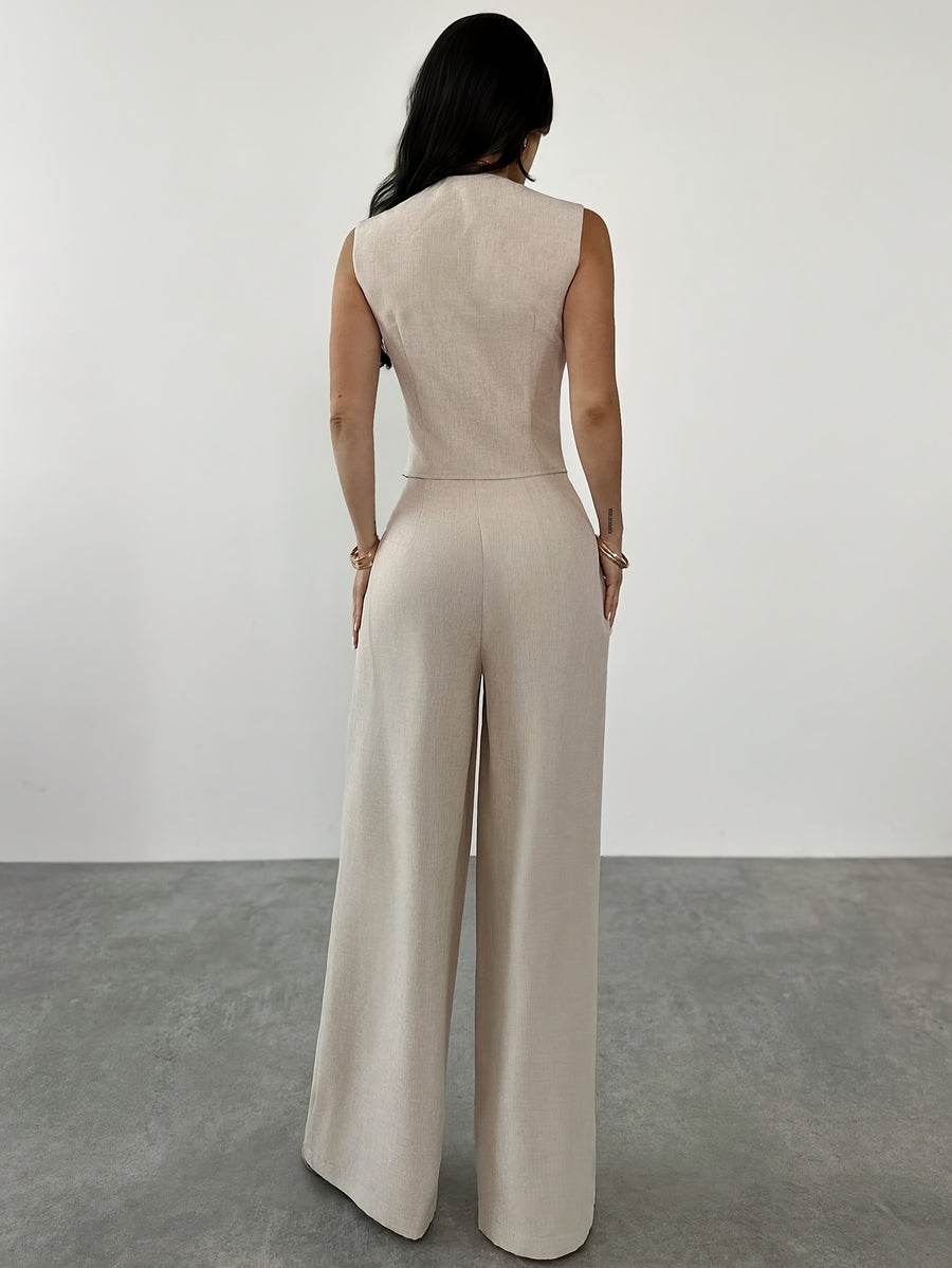 Women'S 2pcs Elegant Minimalist V-Neck Contrast Button Short Tank Top And High-Waist Wide-Leg Pants Set, Suitable for Daily Commute And Casual Wear, Graduation Gift, Teacher Outfit, Spring Summer Back-To - Apricot