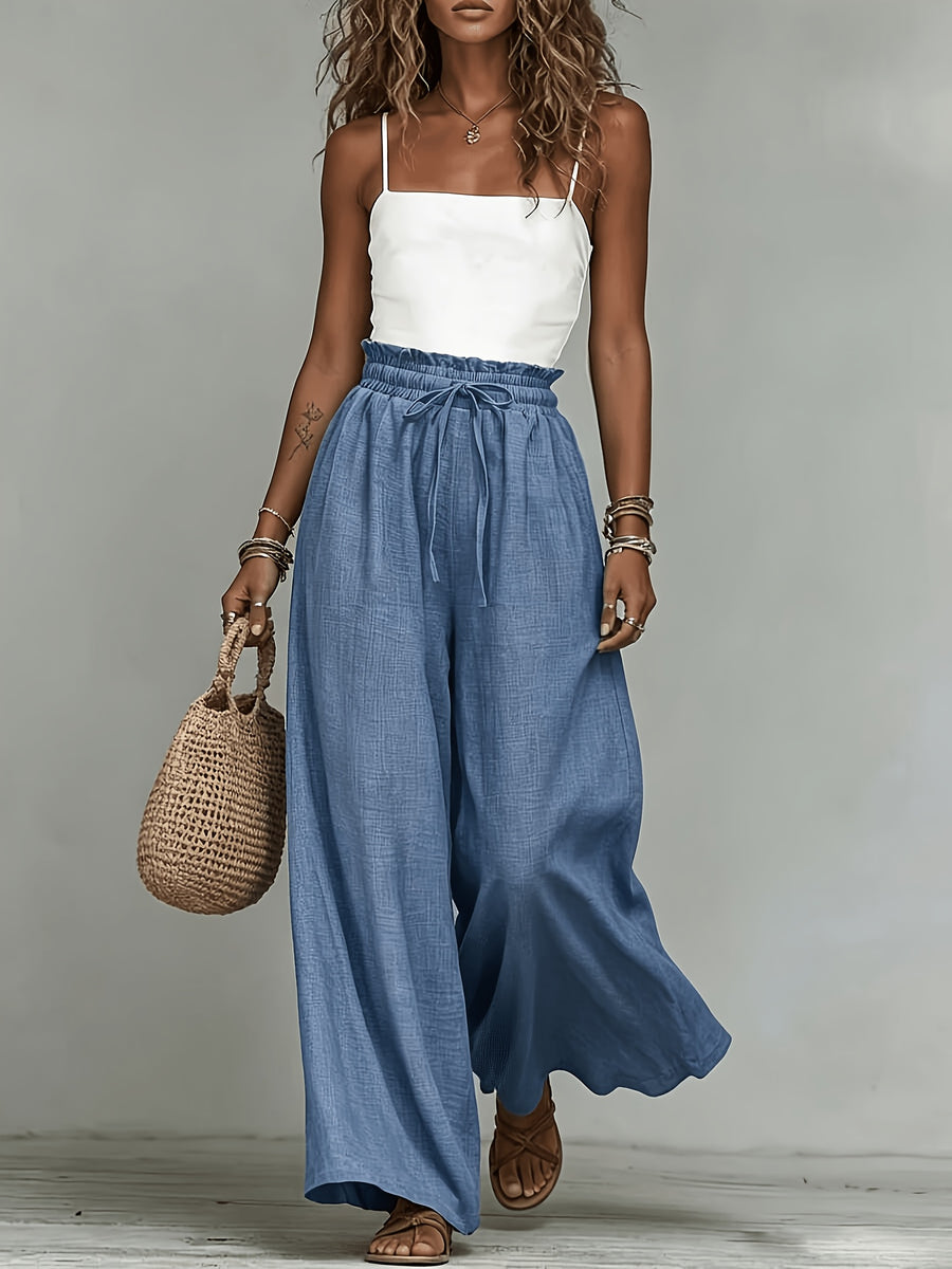 Boho Vacation Holiday French Wide Leg Pants,High Waist Drawstring Elastic Loose Fit Casual Trousers Beach Commute Slim Fit - Peacock Blue