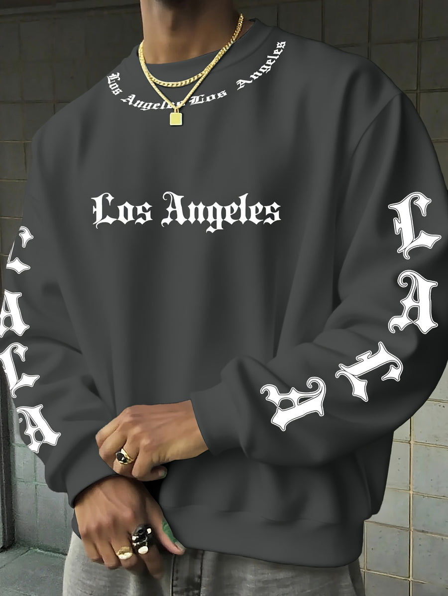 Los Angeles LA All-Over Print Gothic Crewneck Sweatshirt" – A Street-style City-inspired Top! A Must-have for Los Angeles Culture Enthusiasts, Perfect for Trendy Outings and Urban-themed Social Events - Grey