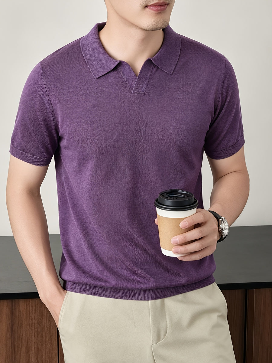 Maqiqi OBM New Spring/Summer Men's Knitted Pullover, Old Money Style Solid Color Clean Cut Half-Open Placket Scissor Collar Lapel Ribbed Knit Short Sleeve T-Shirt, Men's Casual Fashion Thin Breathable Pullover Sweater Knit Base Layer Top - Purple 1