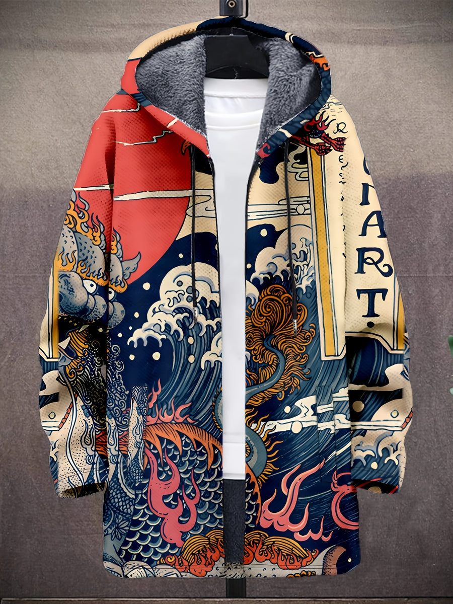 Vintage Japanese Art Wave Pattern Printed Fashion Men's Plush Thick Long-Sleeved Cardigan Coat Winter Warm Zipper Hooded Coat - Blue