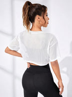 Women's Breathable Mesh Short Sleeve T-Shirt - Semi-Sheer Athletic Top with Mesh Paneling & Letter Print, Round Neck Training Shirt Suitable for Gym,, Casual Wear, Spring Summer Fall Blouse Women's Fashion - White