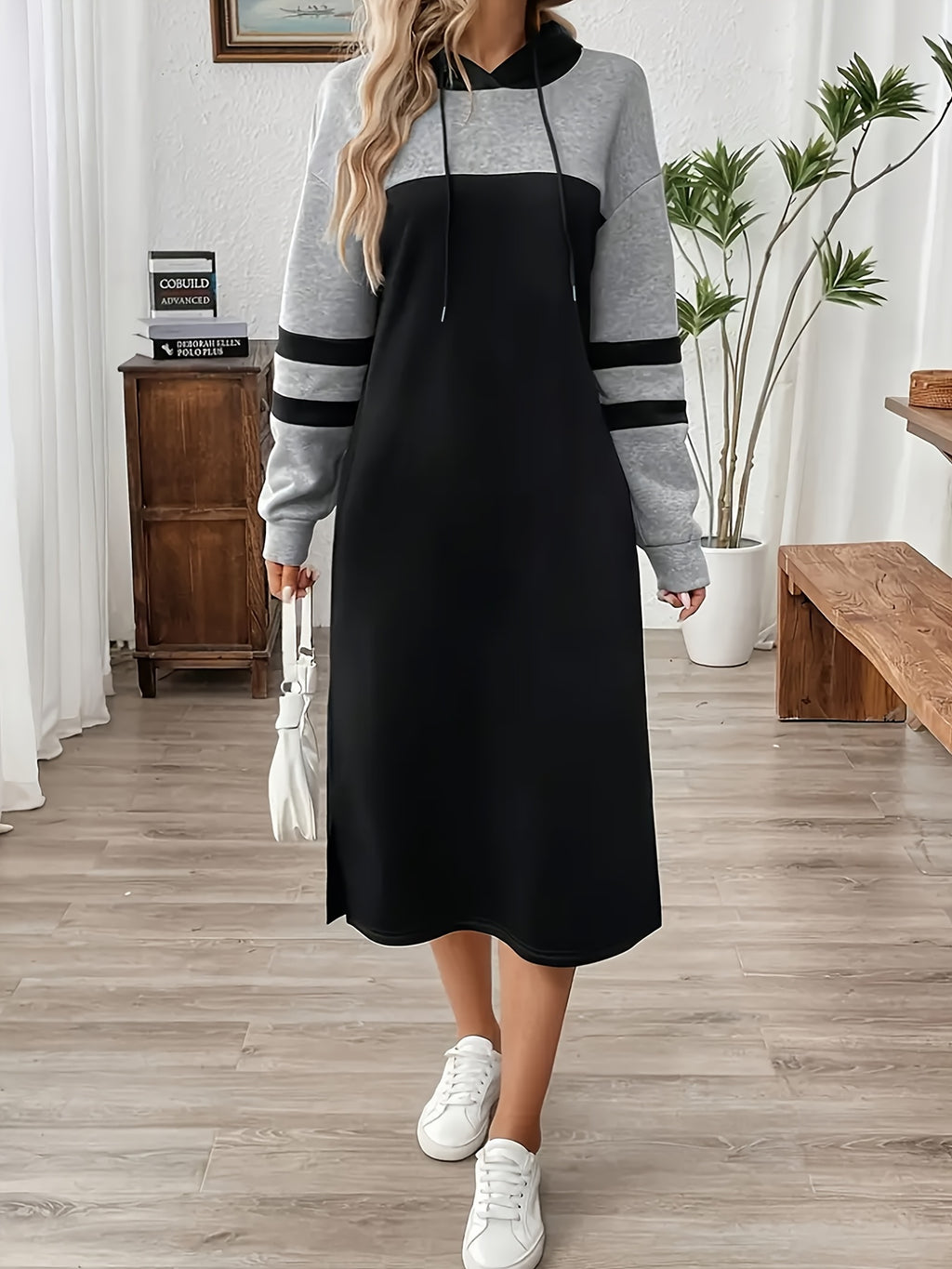 Elegant Color-Blocked Hooded Long-Sleeve Dress for Women - Multicolor A