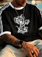 Officially Licensed by Warner Bros., Featuring a Sketch Print of The Trendy Skateboarding Mouse. Men'S 100% Crew Neck Short Sleeve T-Shirt - Wrinkle-Resistant, Comfortable, And Breathable, with Striped Drop Shoulder Sleeves - Black