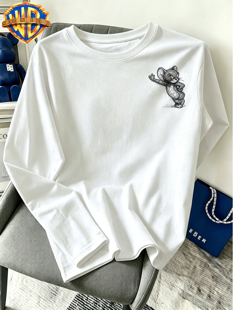 Official Warner Bros. Merchandise - Men'S Versatile Pure Long-Sleeve Top with Black And White Hand-Drawn Character Line-Art Print; Suitable for Spring And Autumn, Casual Streetwear Piece Perfect for Daily Wear, Leisure, Or Gifting - White
