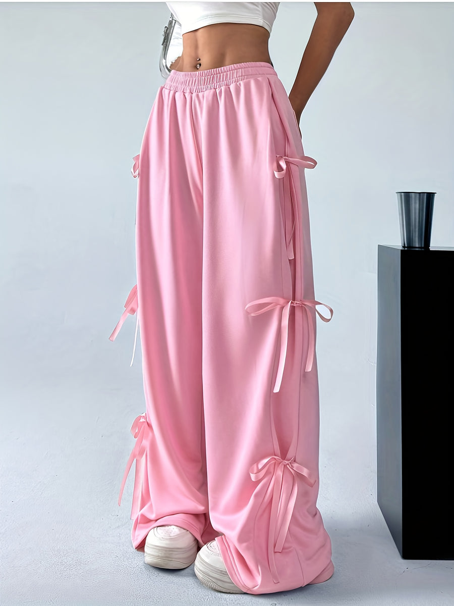 Plus Size, Plus Size Women's Casual Slacks with Bow Accents - All-Season Trousers, Straight-Leg Design, Machine Washable Solid Color Pants for Everyday Comfort - Pink