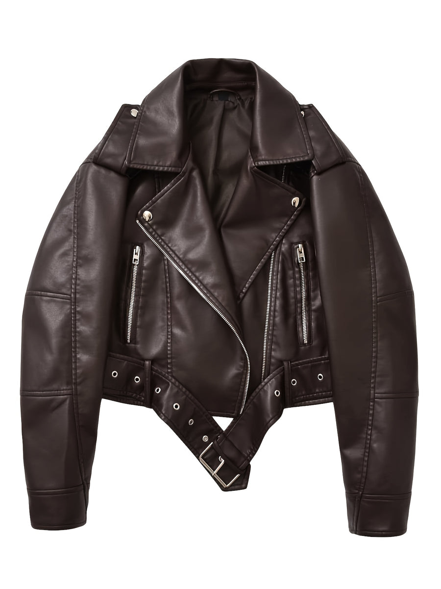 2025 Short Faux Leather Jacket Spring Autumn American Retro Temperament Biker Jacket Top Women'S Clothing - Dark Brown