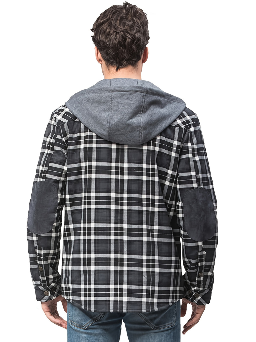 Men's Casual Hooded Two-Tone Plaid Jacket in US Sizes - Black