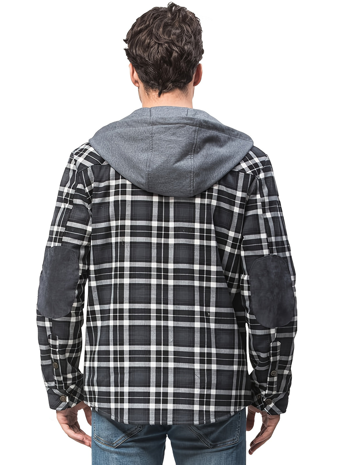 Men's Casual Hooded Two-Tone Plaid Jacket in US Sizes - Black