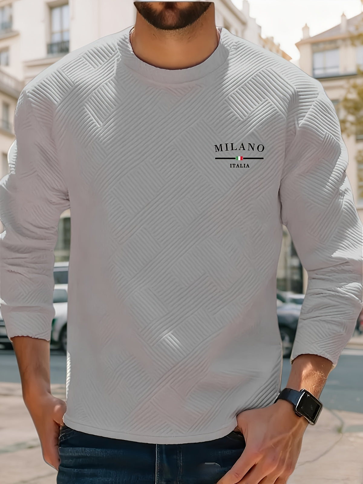 Men'S Spring Autumn Casual Long Sleeve Sweatshirt Daily All-Match Heavy Jacquard Round Neck Sweatshirt, Regular Fit, Outdoor, Crew Neck, Geometric Print - Light Grey