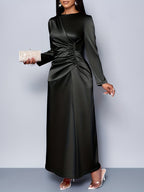 Women'S Elegant Solid Color Ruched Side Satin Bodycon Dress Suitable for Dating Party Maxi Women Outfit - Black