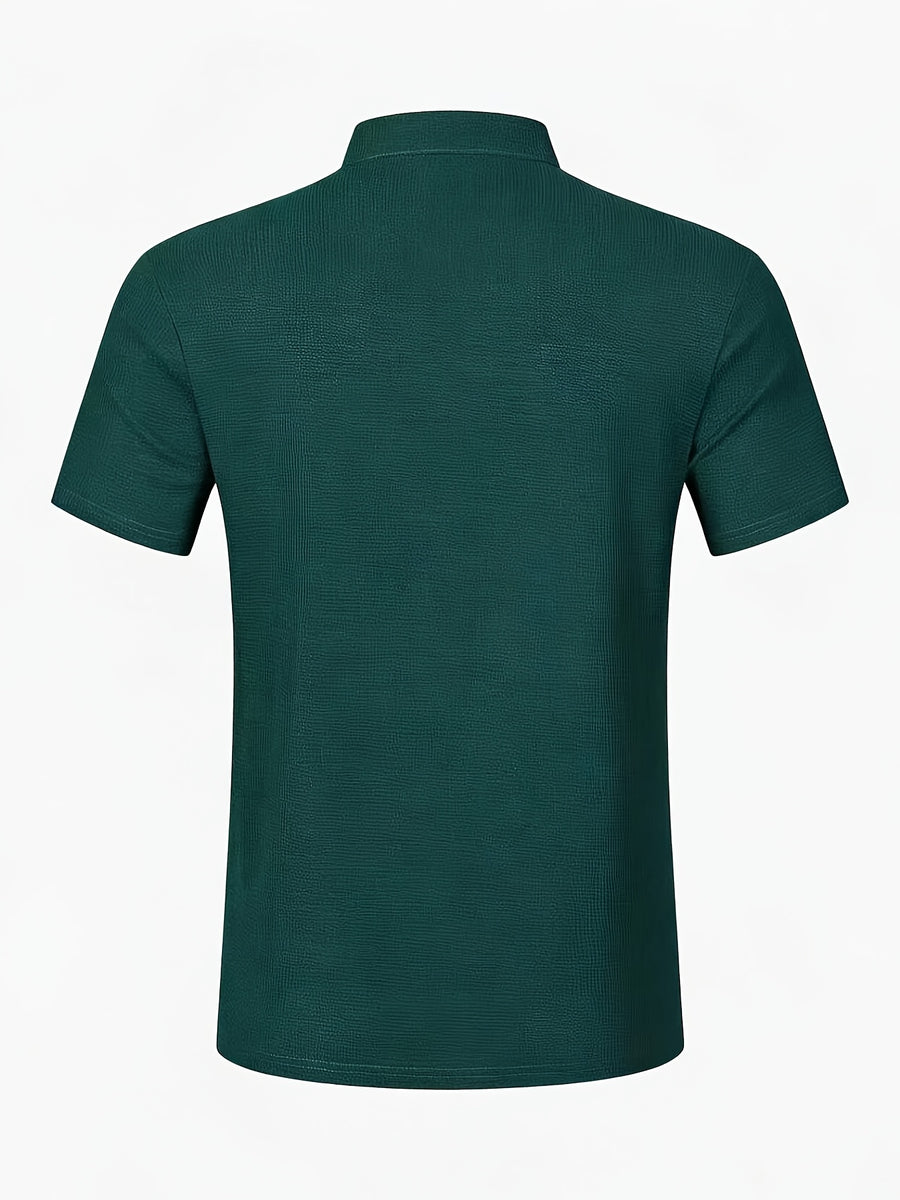 Men's Solid Color Patchwork T-Shirt, Simple and Elegant with a Vintage Button Design, Comfortable to Wear. Suitable for Spring, Summer, Home, Outings, and Travel Occasions, Showcasing a New Casual and Business Style - Dark Green