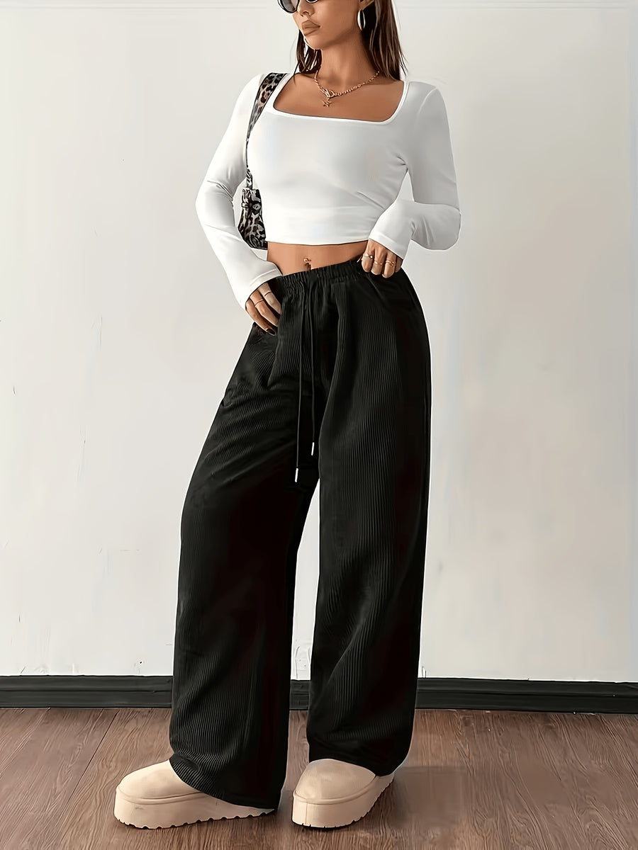 Women'S Retro Corduroy Loose Straight-Leg Trousers, Autumn Winter Street Style Casual Wide-Leg Pants, Casual Wide-Leg Trousers, Adjustable Drawstring Waistband LL256 - Black