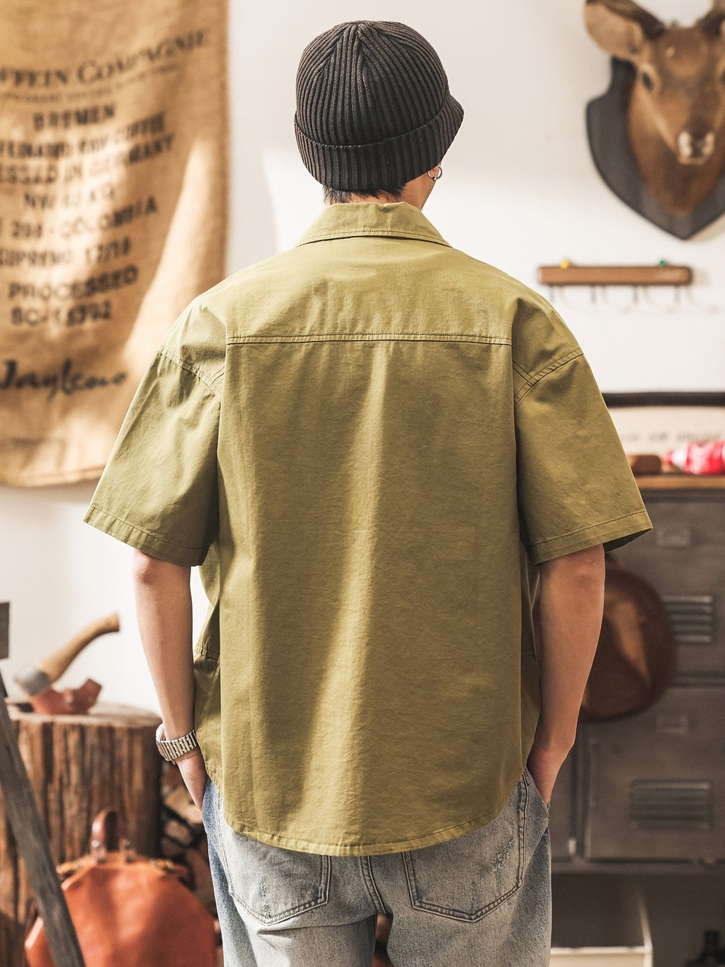 Men's Casual Short Sleeve Shirt, Blend Workwear Button Shirt with Multi Pockets, Solid Color Loose Fit, Breathable Summer Tops for Outdoor Daily WearMen's Multi-Pocket Short Sleeve Work Shirt, Casual Loose Fit Blend Button Shirt for Daily & Outdoor - Olive Green