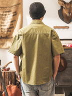Men's Casual Short Sleeve Shirt, Blend Workwear Button Shirt with Multi Pockets, Solid Color Loose Fit, Breathable Summer Tops for Outdoor Daily WearMen's Multi-Pocket Short Sleeve Work Shirt, Casual Loose Fit Blend Button Shirt for Daily & Outdoor - Olive Green