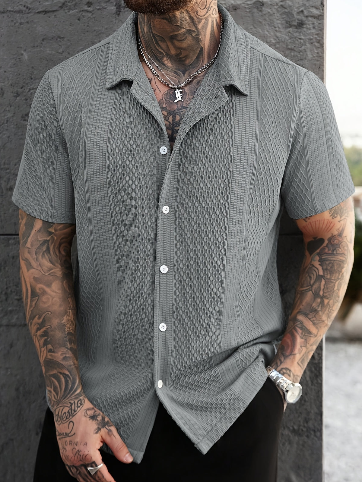 Men'S Solid Color Knitted Short Sleeve Shirt - Slate Grey