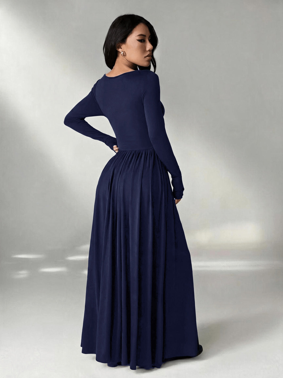 Women'S Solid Color Slim Long Sleeve Dress, Solid Color Dress, Elegant Women'S Thanksgiving Outfit, Graceful Party Gown, Wedding Party Dress, Fashion Evening Dress, Korean Style, Autumn Winter, Women'S Elegant Dress - Navy Color