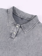 New American Hip-Hop Punk Style Washed Black Short Sleeve Lapel Loose T-Shirt for Men And Women - Retro Distressed Design, Lightweight And Breathable Fabric, Streetwear Trendy Loose Top, Suitable for Casual Wear And Outerwear - Grey