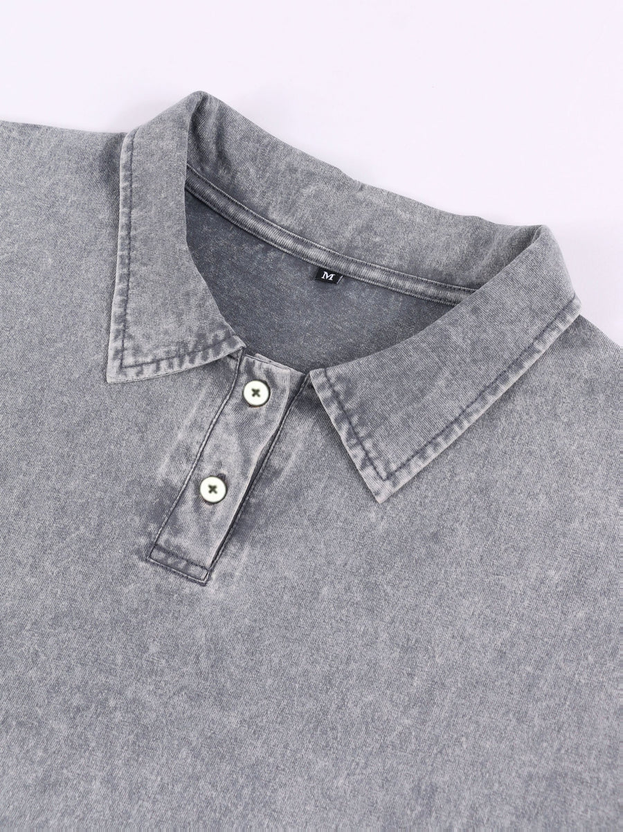 New American Hip-Hop Punk Style Washed Black Short Sleeve Lapel Loose T-Shirt for Men And Women - Retro Distressed Design, Lightweight And Breathable Fabric, Streetwear Trendy Loose Top, Suitable for Casual Wear And Outerwear - Grey