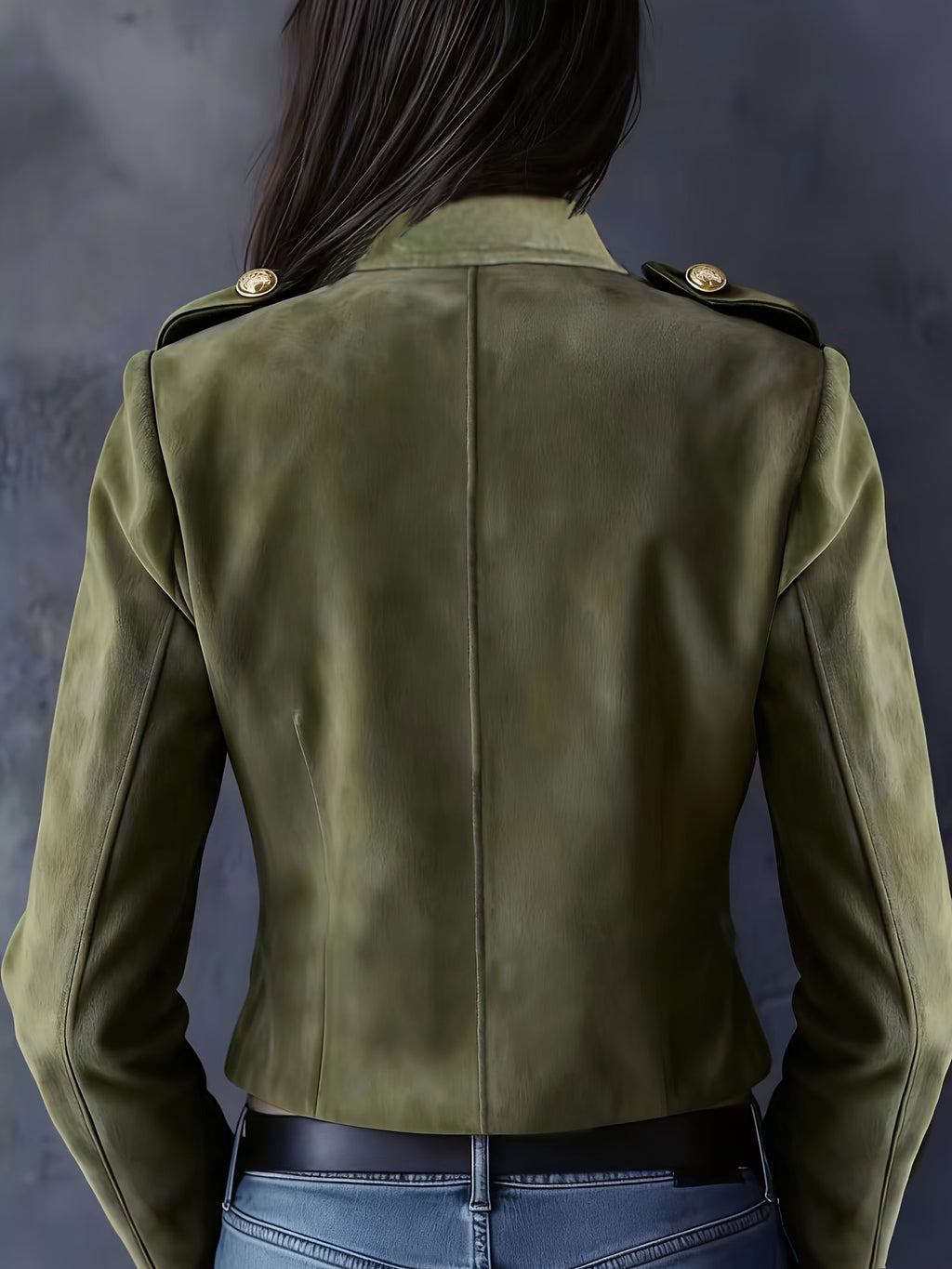 Women's Faux Long-Sleeve Blazer, Vintage-Style Suit Jacket with Golden Button Accents, Casual Short Outerwear - Olive Green