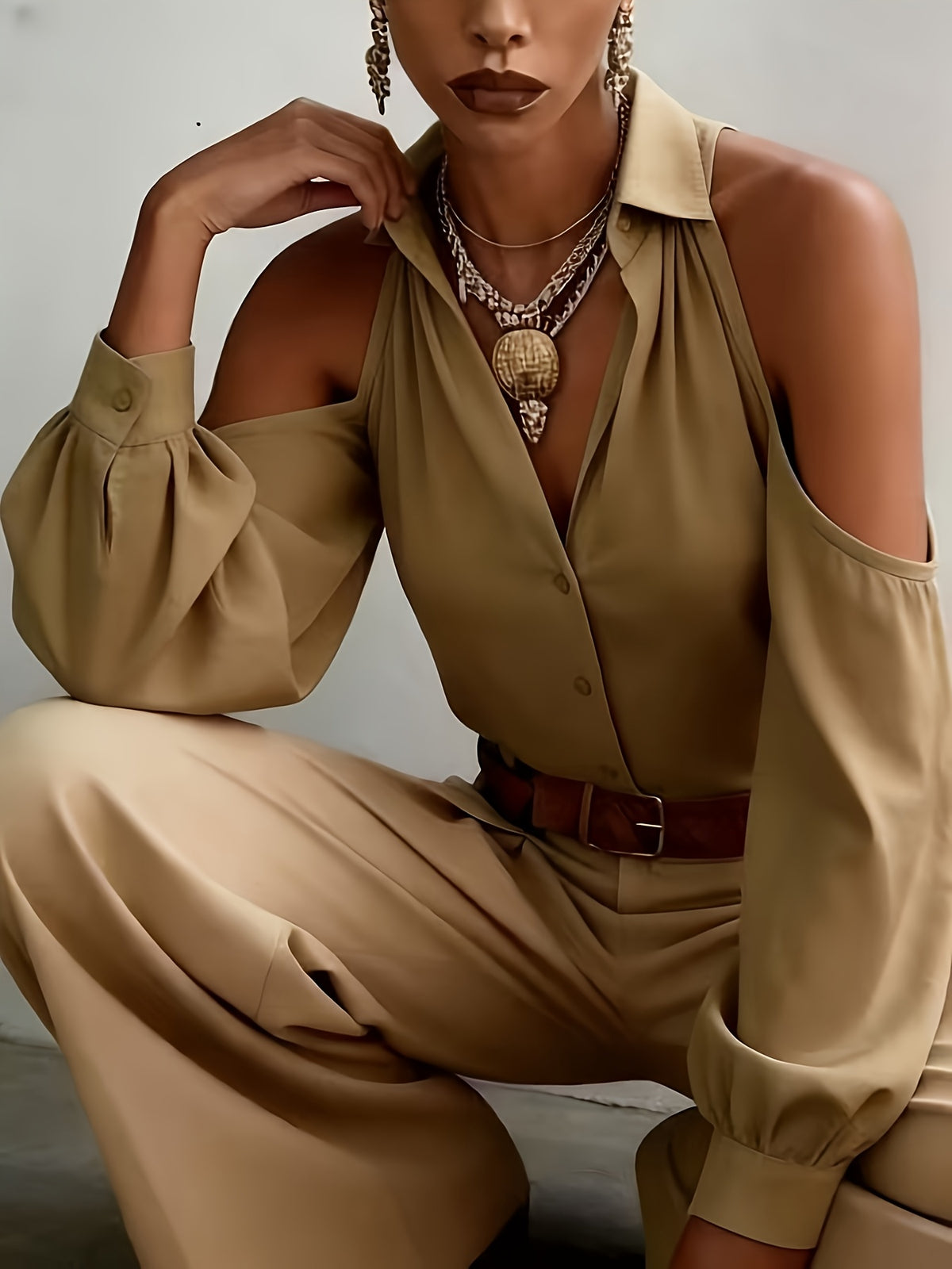 Women's Elegant Top, Summer Off-Shoulder Solid Color Blouse, for Commuting, Dating, and Daily Versatile Wear, with Lapel Collar and Buttons, Solid Color Long Sleeve Shirt ASD1 - Khaki
