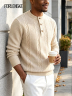 FORLENGKE Men's Intercity Light Travel Relaxed Style Textured Knit Henley Neck Sweater, Half-Open Collar Design Balances Formal and Casual, Durable Dense Knit Construction, Suitable for Autumn/Winter Short-Distance Business Trips, Road Trips - Flower Yellow