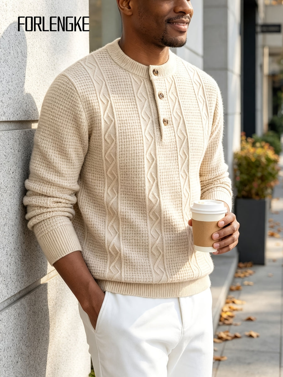 FORLENGKE Men's Intercity Light Travel Relaxed Style Textured Knit Henley Neck Sweater, Half-Open Collar Design Balances Formal and Casual, Durable Dense Knit Construction, Suitable for Autumn/Winter Short-Distance Business Trips, Road Trips - Flower Yellow