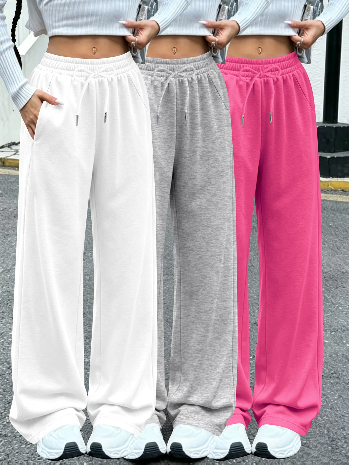 3pcs Women'S Jogging Pants, Elastic-Waistband Wide-Leg Casual Pants with Side Pockets, Light Sweatpants, Suitable for Daily And Formal Wear, Machine-Washable Non-Sheer Fabric, Joggers - White+gray+pink