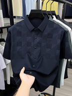 Men's Jacquard Polo Shirt with Subtle Texture, Summer Short Sleeve Tee with Mulberry Silky, Seamless, Business Casual Versatile Top with Lapel Collar - Navy Color