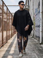 Men's Black Textured Knit Cape-style Top with Buttons, Loose Fit, One-size-fits-all, Irregular Hem, Casual Streetwear Shirt, Halloween Suitable for Bohemian, Festival, and Daily Wear - Black