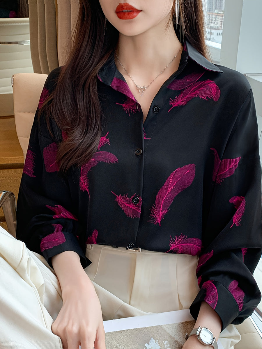 Women'S Long-Sleeve Polo Shirt with Print, New Loose-Fitting Collared Blouse for Spring And Autumn - Mixed colors