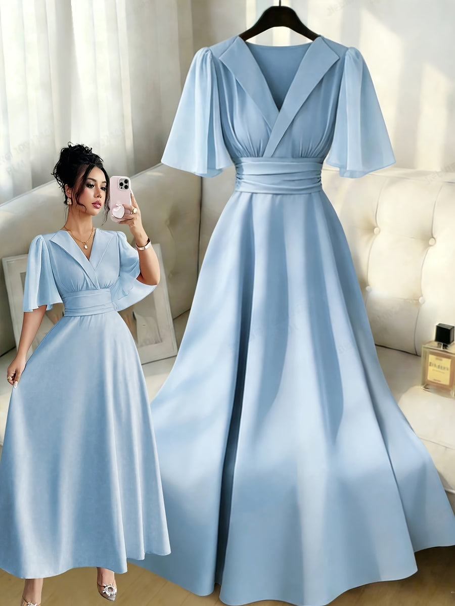 Women's Solid Color Elegant Dress, New Summer V-Neck A-Line Flowing Dress for Casual to Formal Wear, Machine Washable - Light Blue