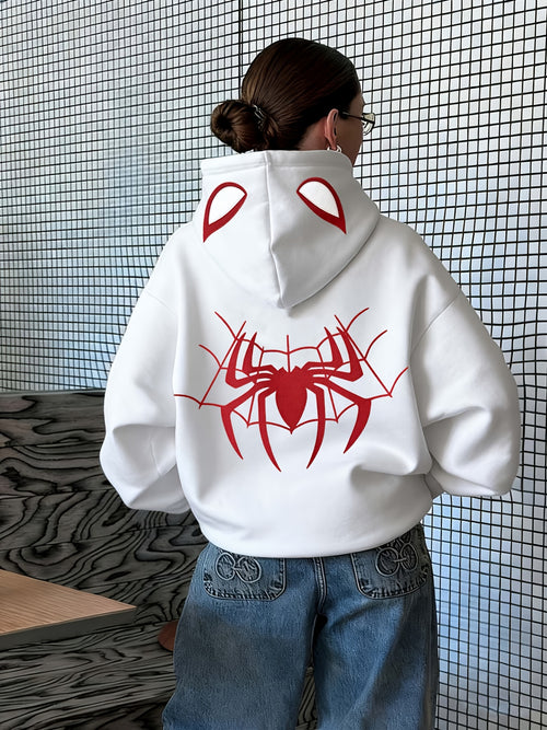 (Bzra) 1pc Regular Hooded Sweatshirt, Fashionable All-Match Spider Web Pattern Printed Hoodie, for Autumn And Winter, Women'S Clothing - White