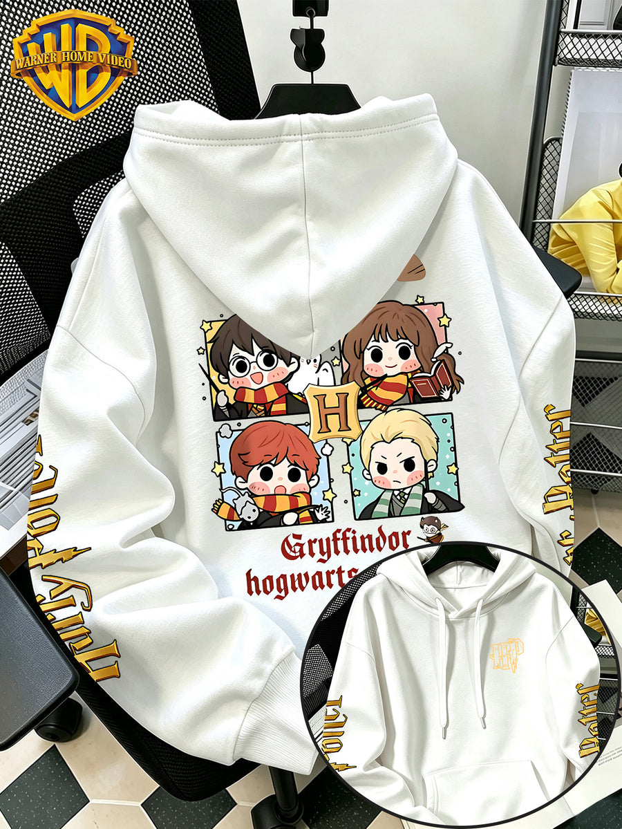 Warner Bros Official Q-Version Four-Panel Magic Boy Group Print Hoodie - Men's Fashion Hoodie with Adjustable Drawstring, Loose and Comfortable Sweatshirt, Suitable for Daily and Outdoor Sports Wear, the Perfect Choice for Warmth in Autumn - White